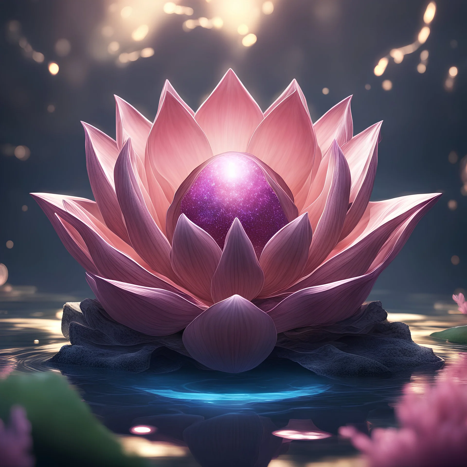 holy-dark-crystal divine fascinating frilled floral-lotus in magical shatter halo star egg coral magic circle,night pool,epic cinematic BG,hyper detail,hyper quality,hyper detail equipment,8k,Accurate lotus Anatomy,Enchant Color,Dynamic Light