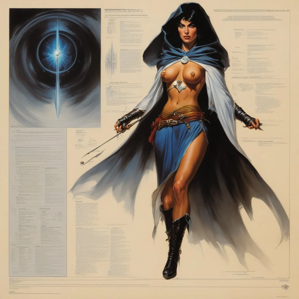 ConceptSheet [by Boris Vallejo]: woman thief and her magic cape with AD&D statistics