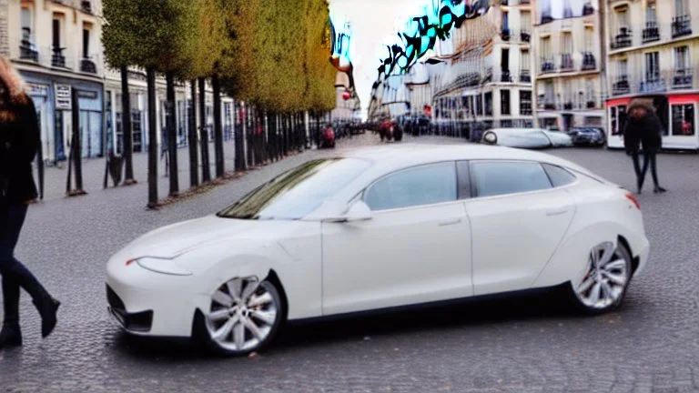 A Tesla's 'Model S Plaid' is doing donuts, by the 'Sacre Coeur', in Paris. CINEMATIC. WIDE ANGLE LENS. PHOTO REAL.