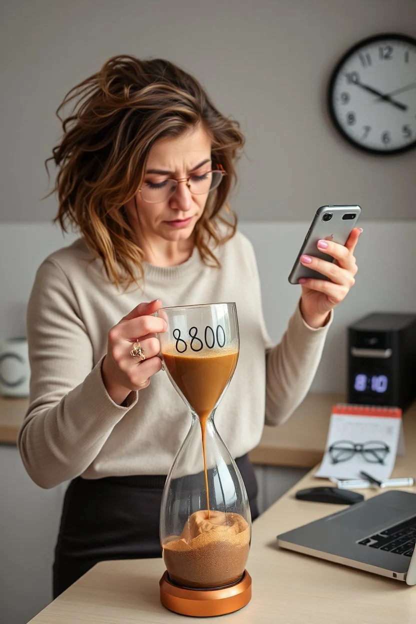 , a tangled-haired, sleepy, cranky, nervous woman is standing with an hourglass mug in her hand, the mug says "coffee", she shows the camera the display of her mobile phone, which shows 8:00, behind her the brewed coffee is flowing down from the coffee maker onto the kitchen counter, a coffee mug a half sock on the counter, 2025 calendar, pen, glasses, laptop, the hand of the wall clock is at 9 o'clock, the micro digital clock shows 8:10, little morning light, sleepy, gray, moody, f