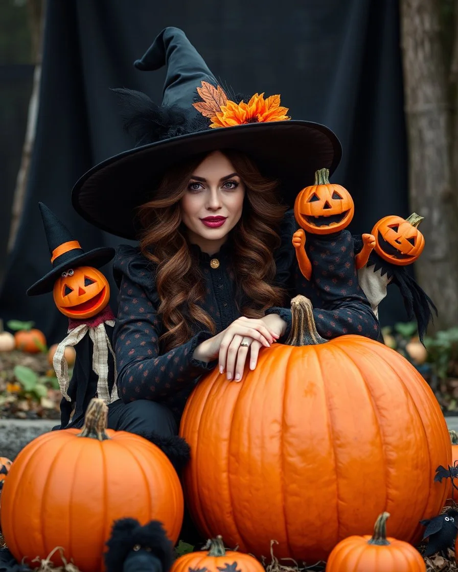 beautiful woman in unique custom fashion witch style Happy Halloween,sitting biggest pumpkin Halloween ,sorrounded by puppets Halloween