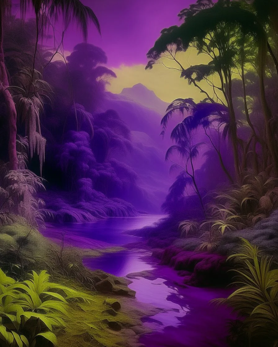 A purple jungle with a toxic river painted by Leonardo da Vinci