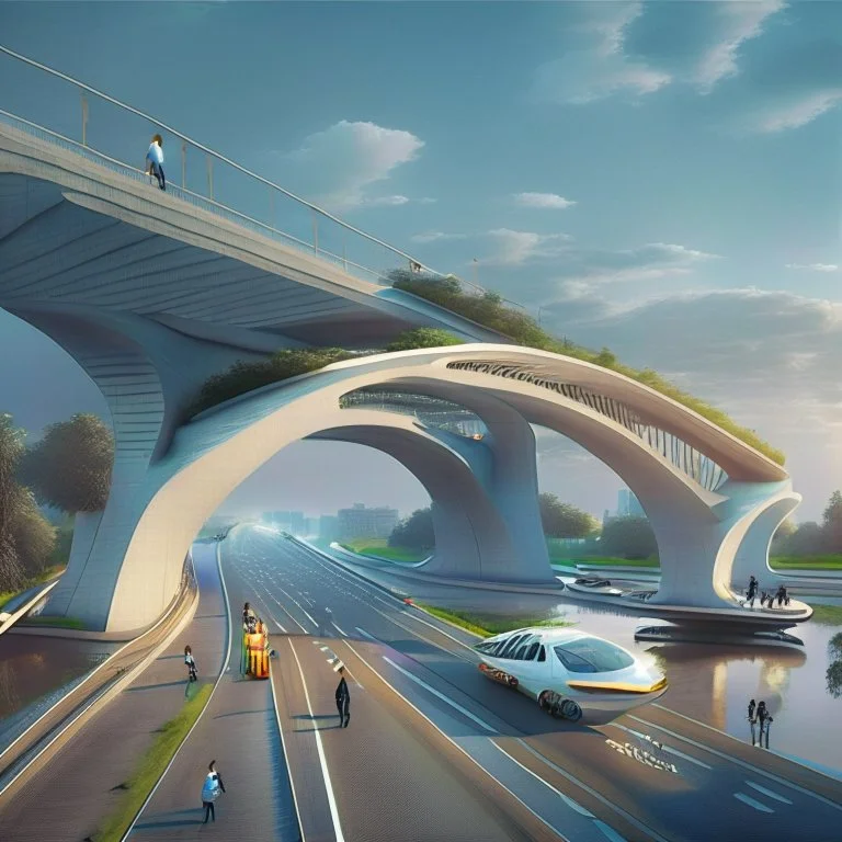 Puente para personas atraviesa una autopista de lado a lado, por debajo pasan autos, estilo Zaha Hadid