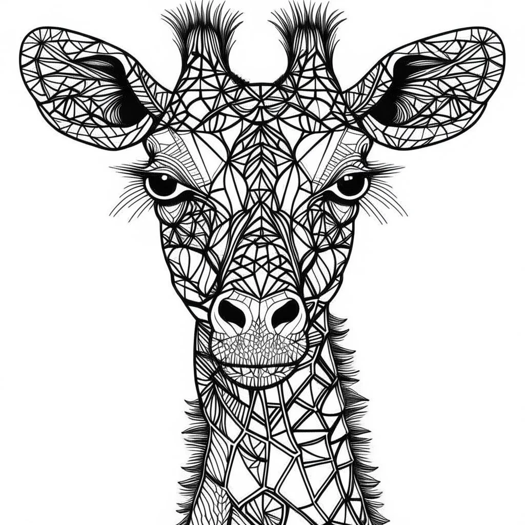 Giraffe, front view, mandala, minimal lines, cartoon, white back ground color, real style, realistic, minimalistic, minimal black line art, line art, crisp line art, unique coloring sheet, outlined, outline, crisp, crisp line edges, illustration, thin lines, crisp clear lines, line art, clean line art, unique, 8k, amazing, masterpiece, no colors, no dark color, no black color, avoid thick black, minimalistic line edges, pure white back ground, image character full fit to page,