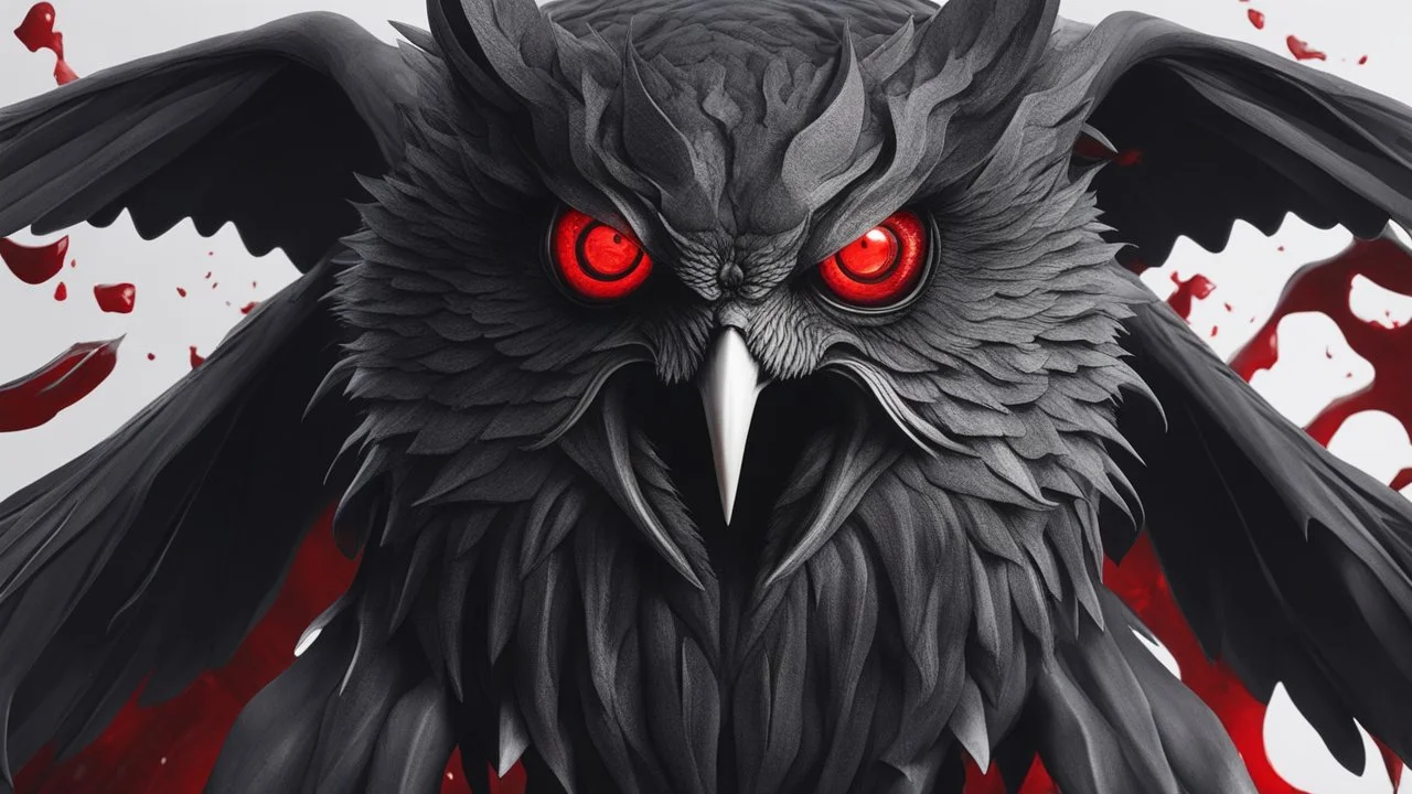 a Black shield evil Owl with fangs, bloodshot eyes, blood, horror, that looks into the camera, hyperrealistic, extremely detailed, 8 THOUSANDS mystical, trending on artstation, sharp focus, studio photo,Halloween Alchemist , high voltage, thunder light,closeup, proactive scene, provocative moving, action pose, modern and futuristic HD colored black and red decor beautiful black empty in a high voltage pumpkin, double exposure, halo, perfect composition, highly detailed,