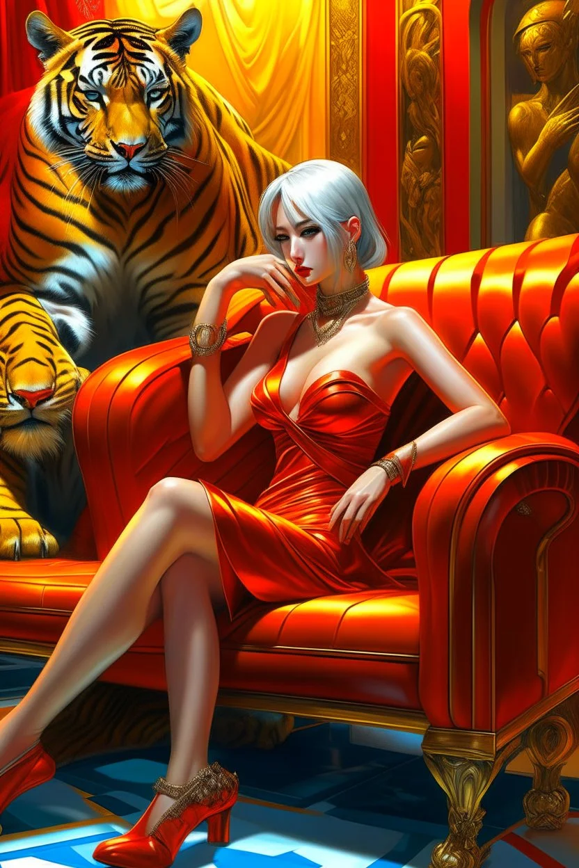 A digital painting by Sorayama of a beautiful gynoid with a yellow dress sitting in a red couch next to a tiger's head.