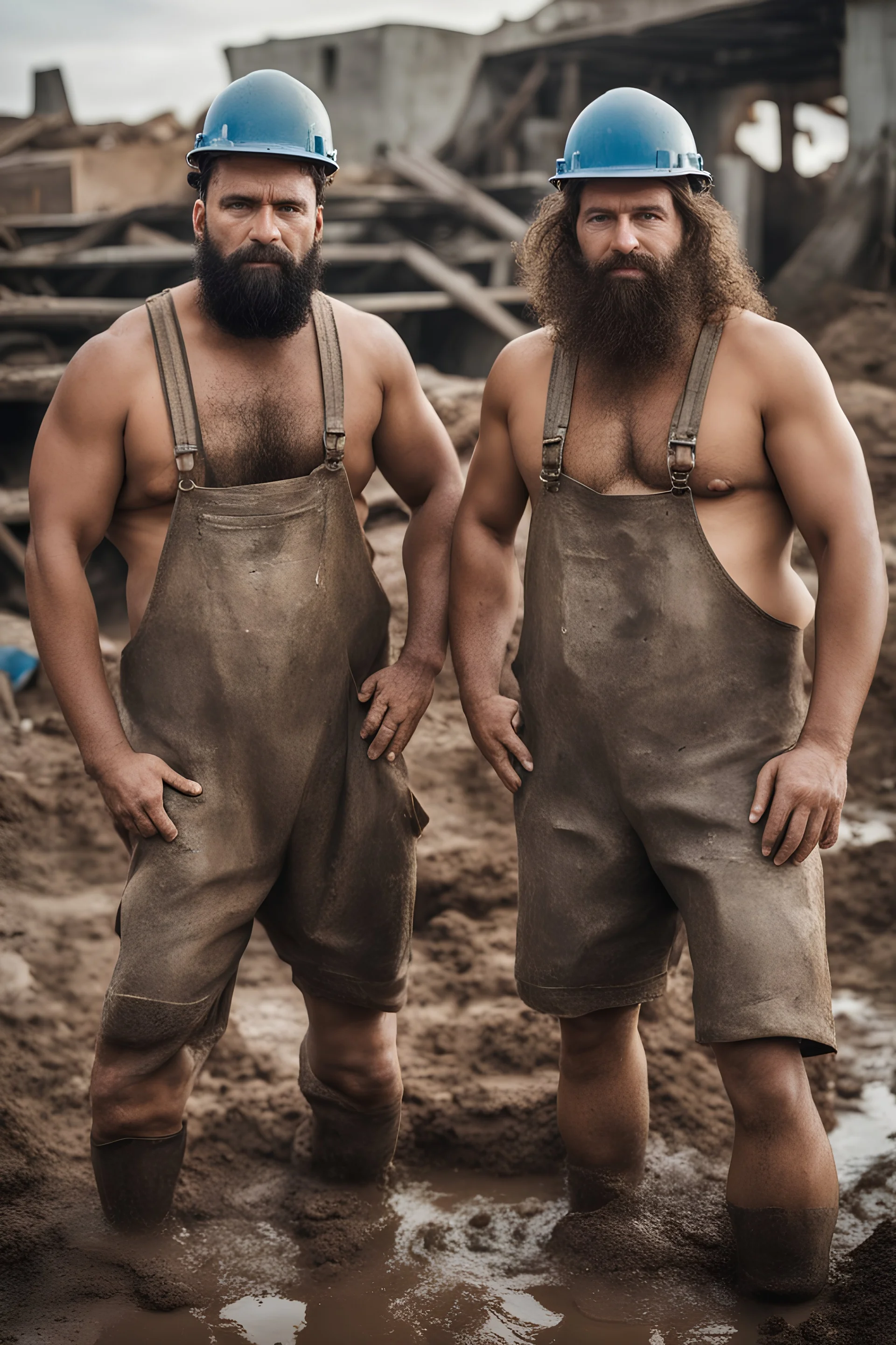 aerial top view shot photography of two ugly 40 year old beefy big robust burly arab carpenters relaxing in the mud, dirty and wet, wearing bulging shorts, tank top, hairy chest, serious, very virile, long beard, curly hair,, , in a sunny construction work area, photorealistic , photorealistic, aerial view top view