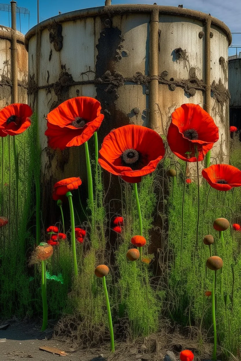 poppies growing out of a big abandon corroded oil tank
