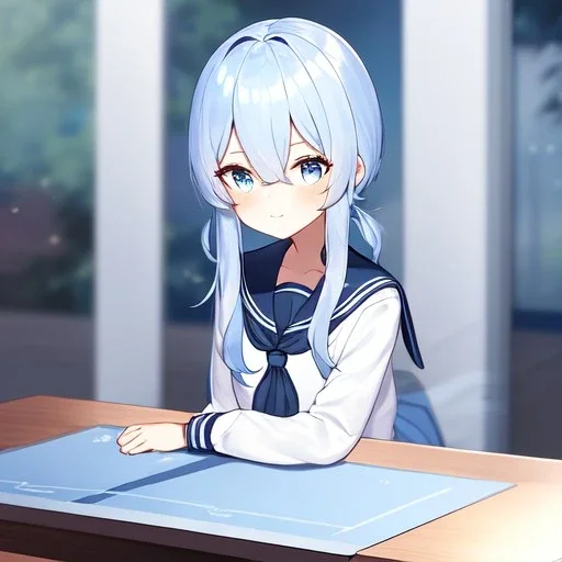 Clear focus, High resolution, long fluffy light blue hair, hair between eyes, long locks, wearing a sailor uniform, wearing a sailor skirt, long black socks, 1girl, cartoon, cute, UNFOTABLE studio