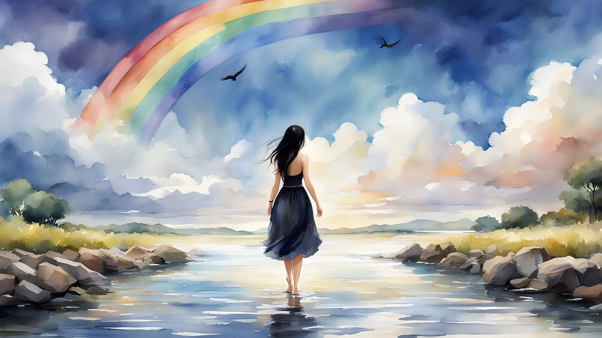 masterpiece, best quality, absurdres, illustration, watercolor, 1girl, solo, long hair, black hair, dress, skirt hold, wading, sleeveless, barefoot, bare shoulders, standing, from behind, outdoors, cloud, sky, bird, water, rainbow,