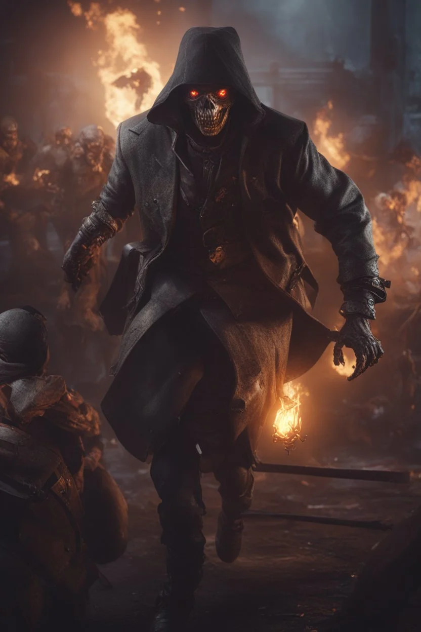 Insane warlock fighting zombies. full body shot. Cinematic lighting, Volumetric lighting, Epic composition, Photorealism, Very high detail, Character design, Unreal Engine, Octane render, HDR, Subsurface scattering, fantasy art,