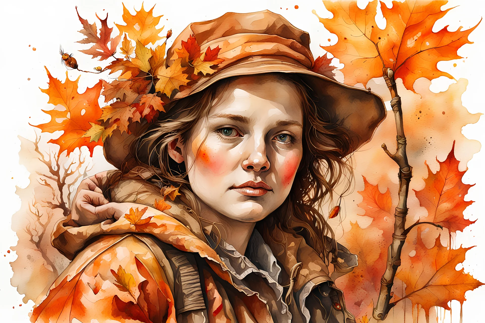 Art by joachim beuckelaer, Watercolor Vintage Style, vintage, an ultra hd detailed painting of autumn, Orange and brown background "art style that combines the elegance of line art with the vibrancy of watercolor wash. The artwork is highly detailed, with sharp focus and smooth transitions. The overall feeling is dynamic and highly polished, influenced by the works of Carne Griffiths, Wadim Kashim, and Carl Larsson. In the style of Carne Griffiths (for his intricate and flowing line work), Wadi