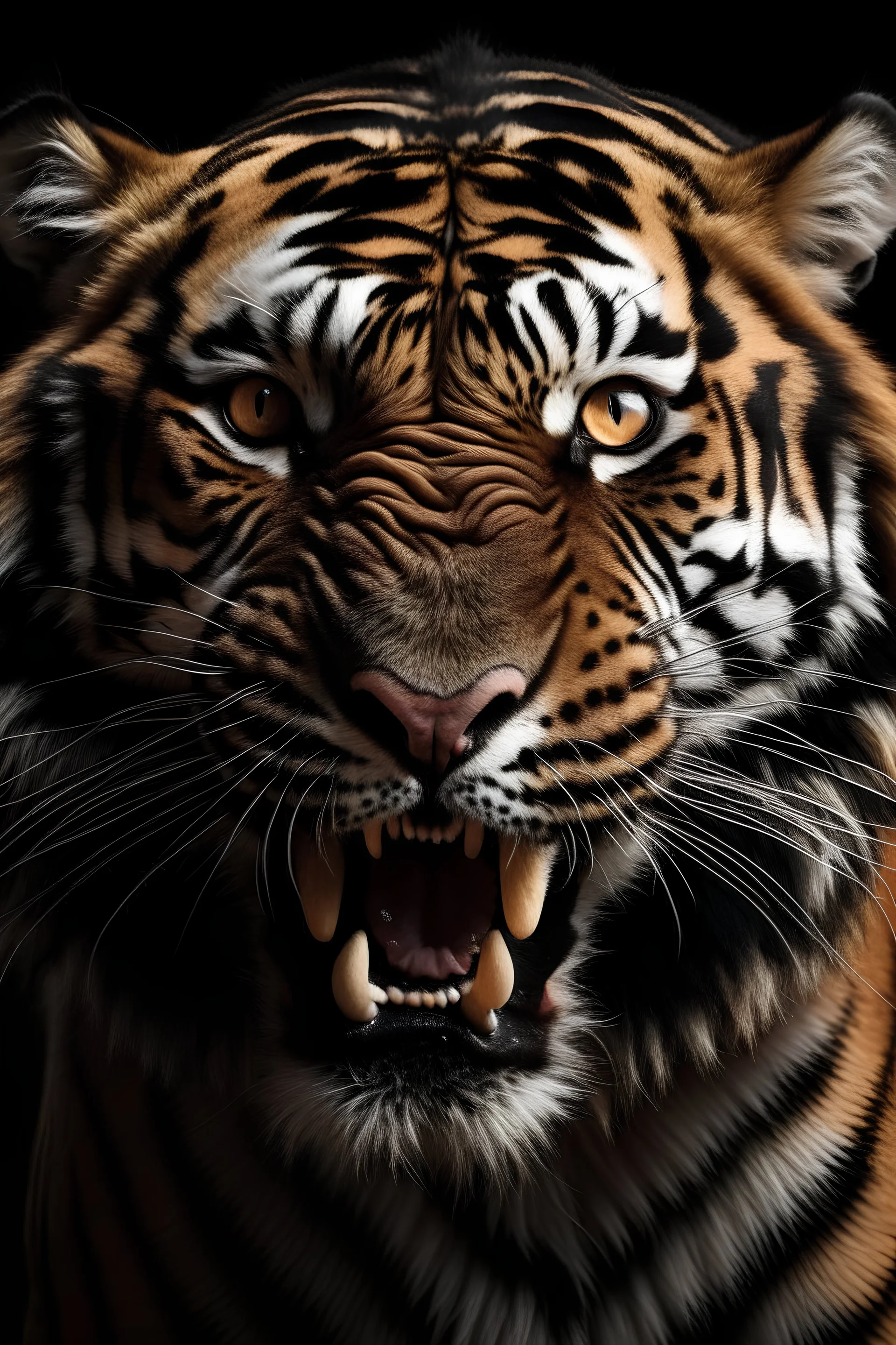 harimau besar,mempunyai gigi taring,badan kekar,bulu berwarna hitam,mata merah