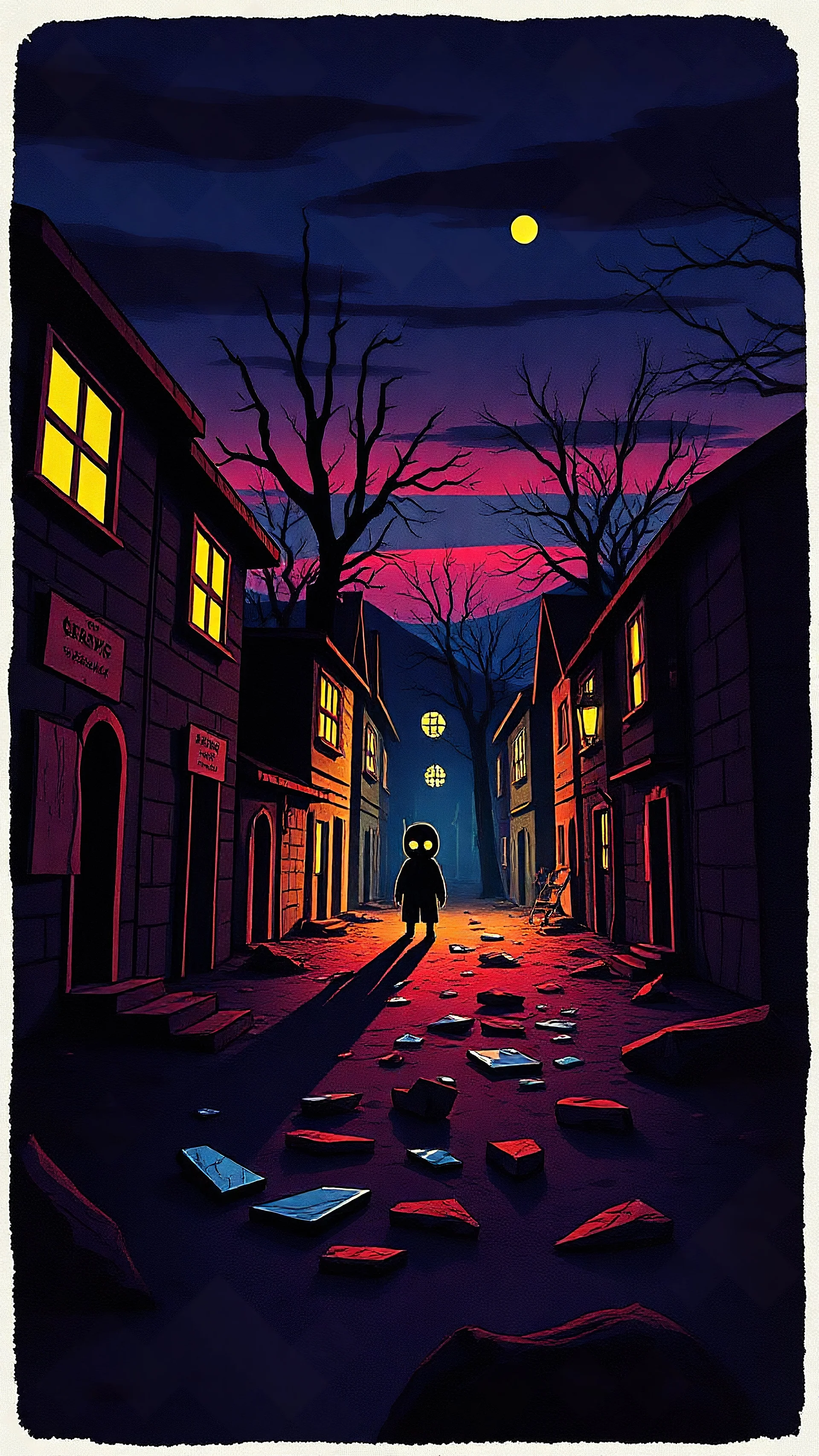 A creepy deserted village at twilight, all windows boarded up, eerie streets lit by a neon glow, broken shards of mirrors scattered in the dust, shadows stretching unnaturally long, a strange figure with hollow eyes staring from an alley. VHS grain effect, distorted outlines, dark cinematic cartoon style, heavy shadows. style cartoon vhs