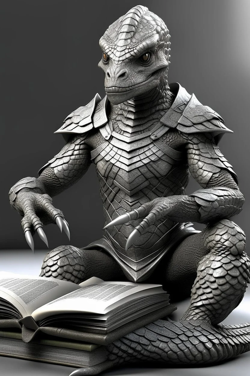 reptilian humanoid, grey diamond - shaped scales, big magic book