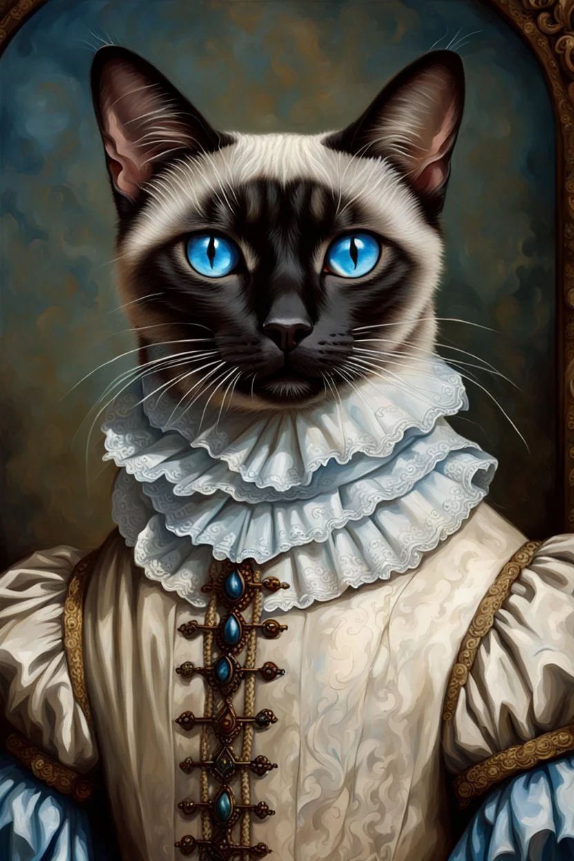 Portrait Renaissance Portrait of a female Siamese cat wearing classic mediveal gown and veil outfit, oil painting texture, piercing blue eyes, texture background