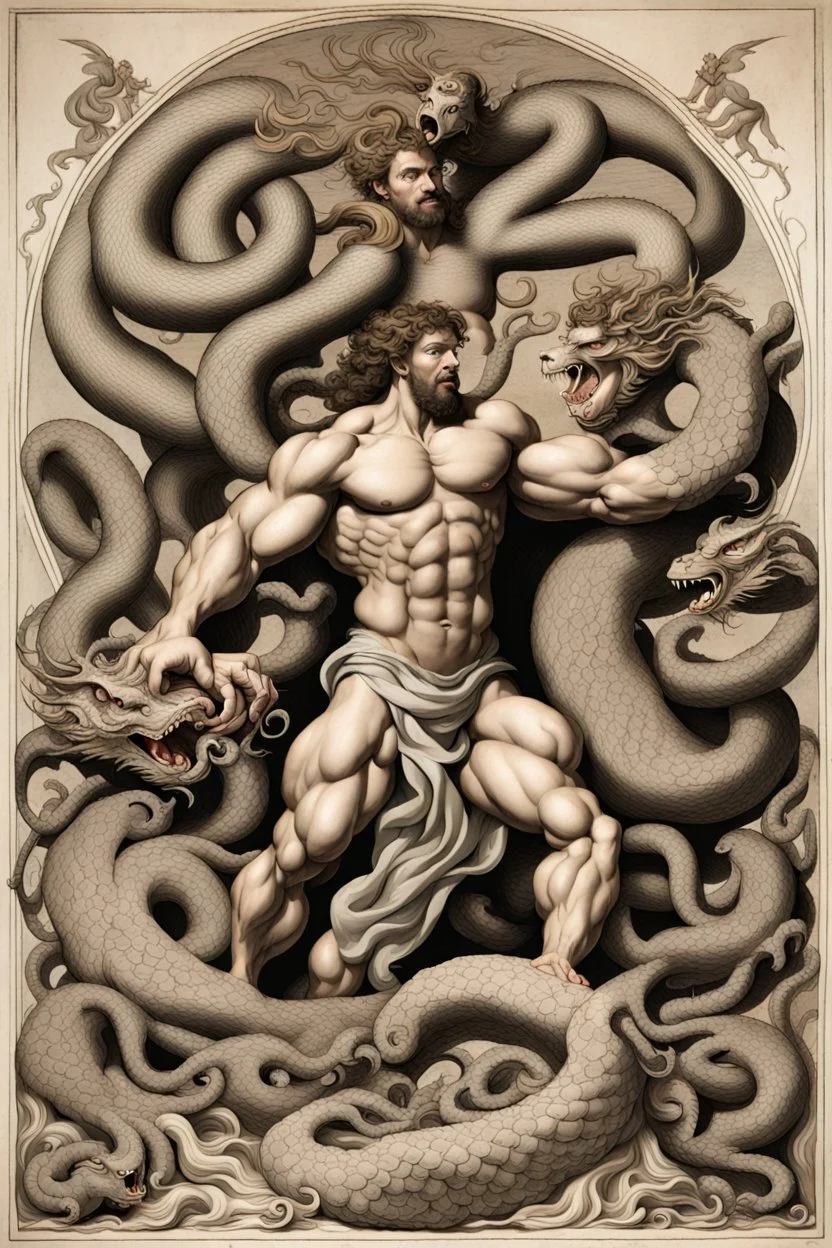 Hercules fighting the hydra in the style of alchemical art