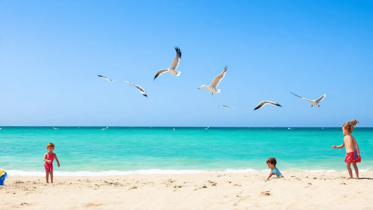 A bright summer day at the beach, with clear blue skies, children playing in the sand, and a flock of gulls soaring above, set against the dazzling turquoise sea.