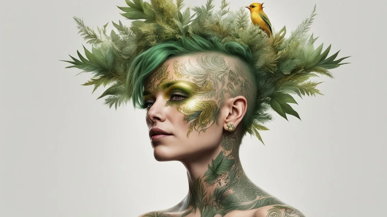 white background, punk 45 years old, forest on head, plant hair, green plants, golden birds, golden makeup, tattoo, shiny aura, very detailed, fine rendering, high detail, high resolution, 8K