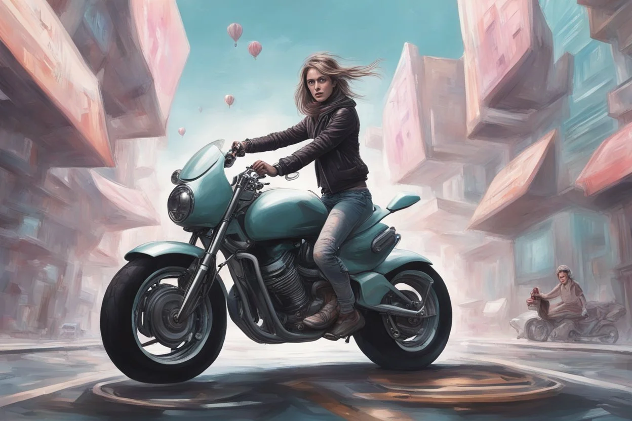 young woman astride a large motorbike, with no wheels, floating on an alien street