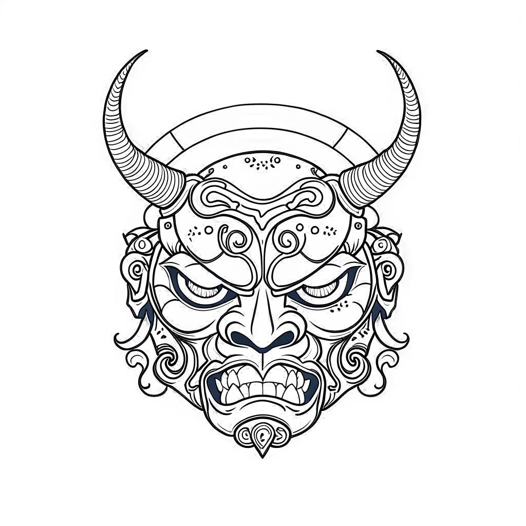 White, minimalis line art , cute oni mask japanes , vector, white background, outline, with images neatly contained within the background, just black and white color, tatto style.