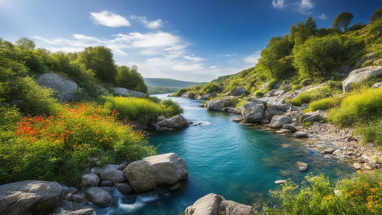 desktop wallpaper ,Turkey istanbul kus adasi,country side wavy rocky river ,wild flowers,blue sky nice clouds,