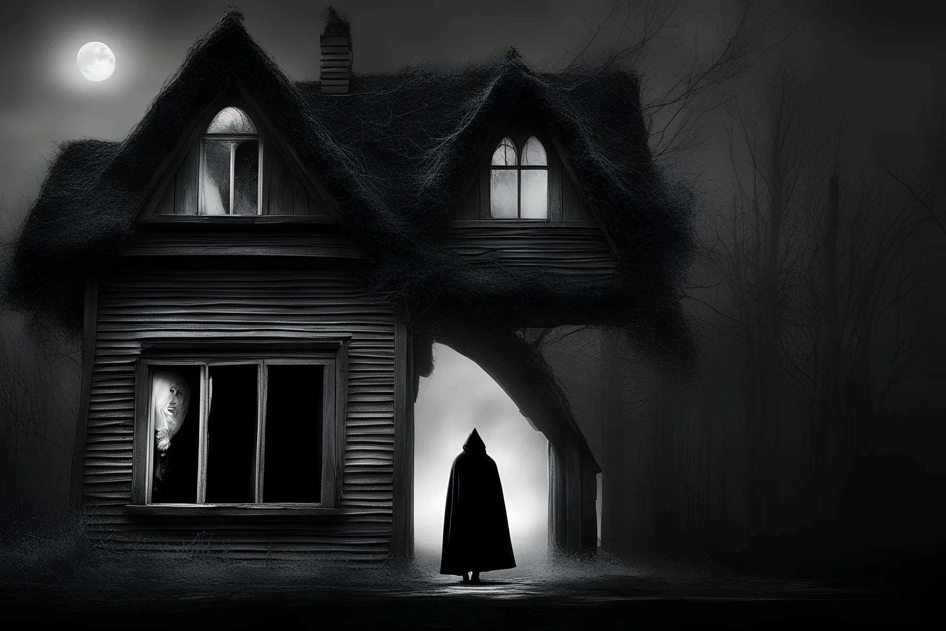 fantasy, black and white, surrealist, high contrast, high shadows, ambient mystery, tim burton character, a woman with cape and hood is outdoor, a woman old wood house and look through window inside house, woman with her back to the camera, close up window, light on inside house, woman in front of window, reflection moon in a glass window, big window, a woman in front of a window, other window reflection full moon
