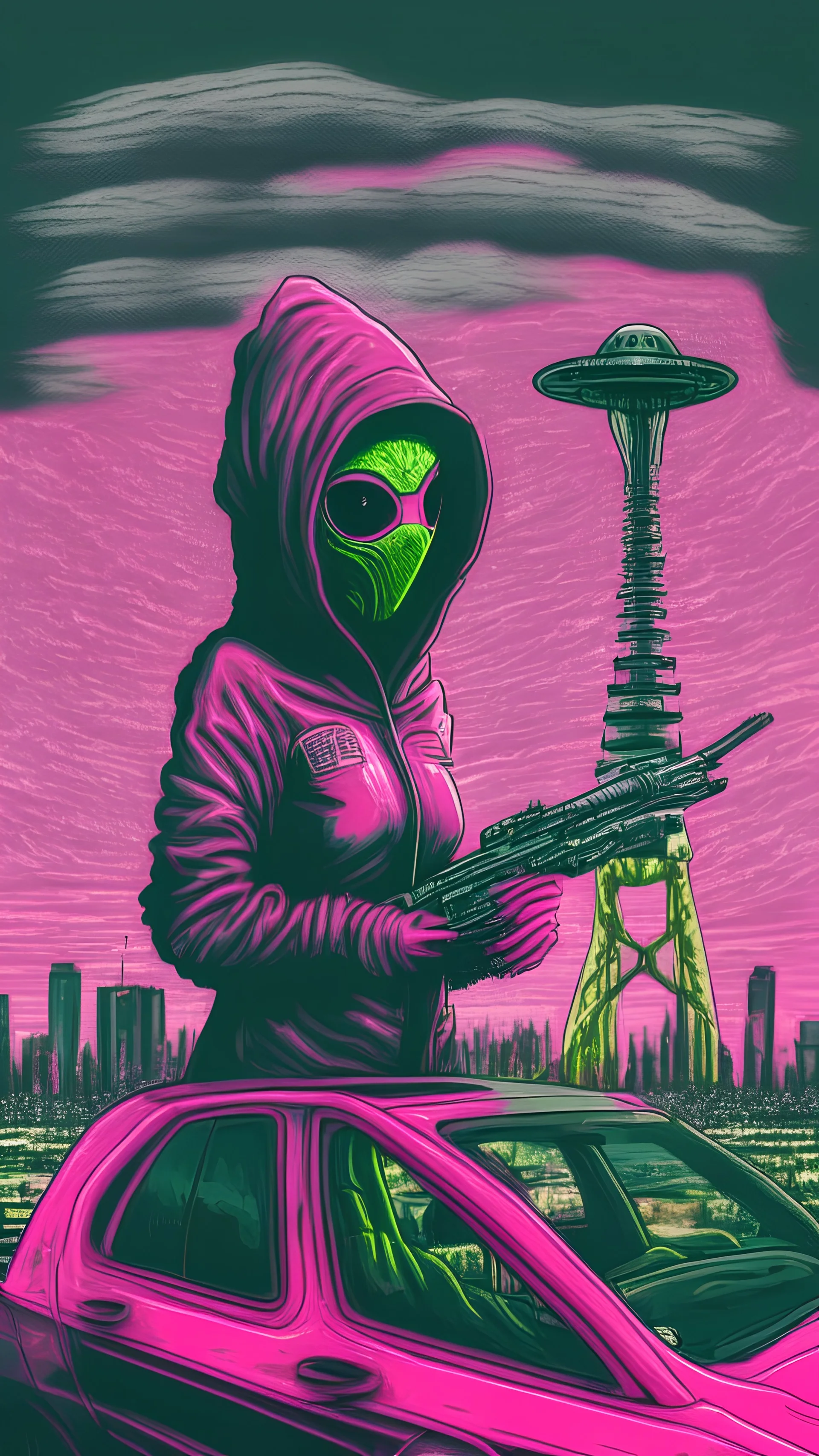 woman wearing a pink alien mask in a black hoody standing on top of the hood of a masserati with machine guns in both hands under the Seattle space needle by van gogh