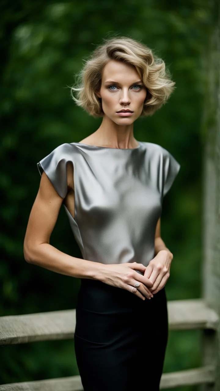 photography of a beautiful anorexic woman, silver satin top, sports illustrated, short wavy bob haircut, pronounced sternum