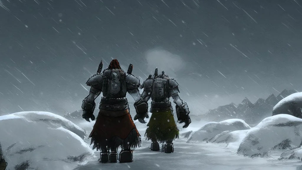 3 Warriors in blizzard, from behind, comic style
