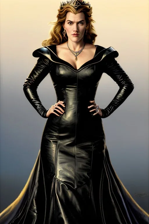 painting of kate winslet as evil queen in black leather gown, feminie, angry, stern look on her face, volouptous, busty, cleavage, emperious, mature, highly detailed, digital painting, artstation, concept art, smooth, sharp focus, illustration, art by gaston bussiere and alphonse mucha