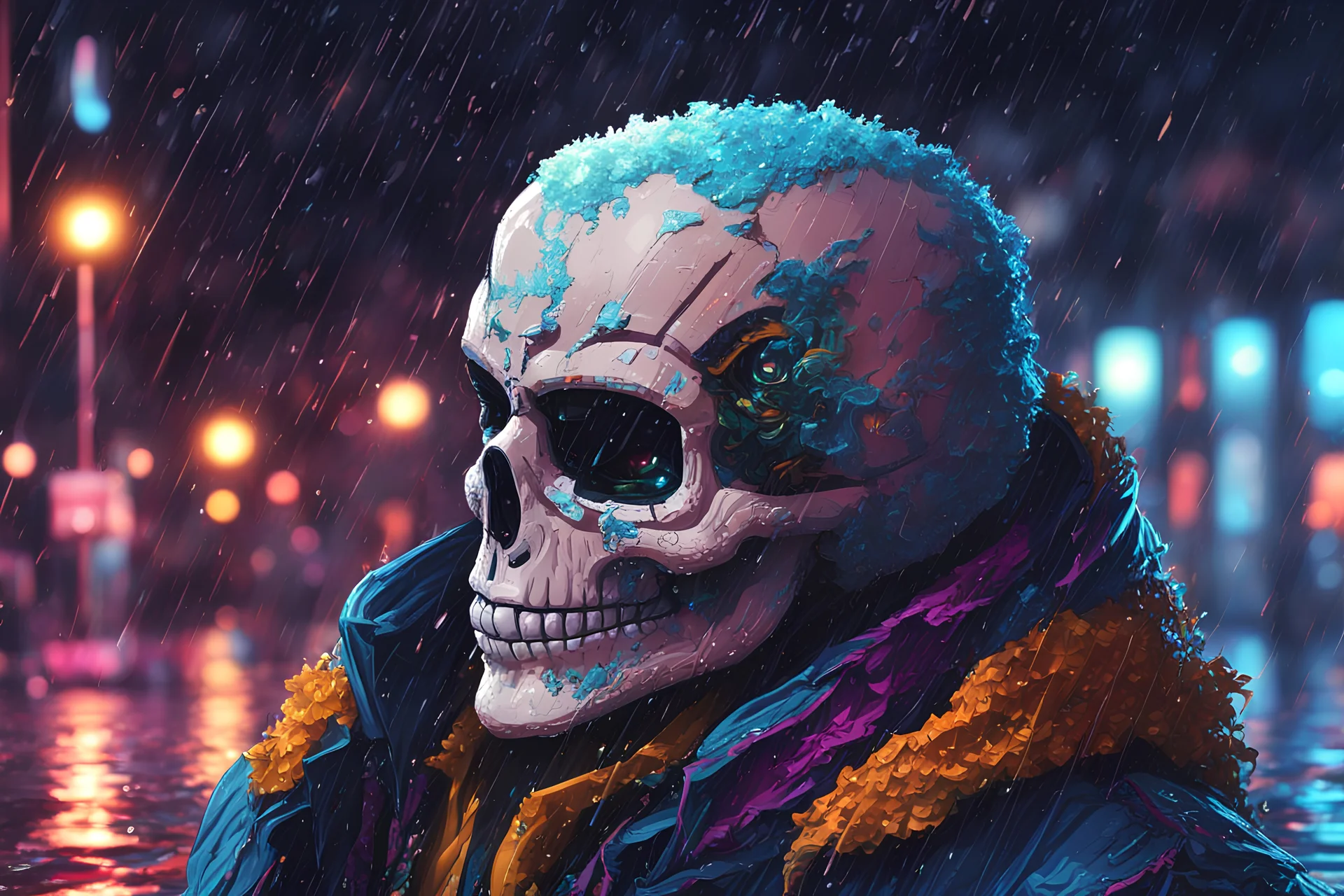 Sans in 8k cartoon artstyle, pixel them, neon effect, close picture, rain, fantasy world, intricate details, highly detailed, high details, detailed portrait, masterpiece,ultra detailed, ultra quality