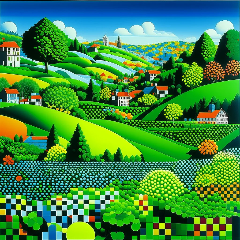 A green grassy town with flowers painted by Victor Vasarely