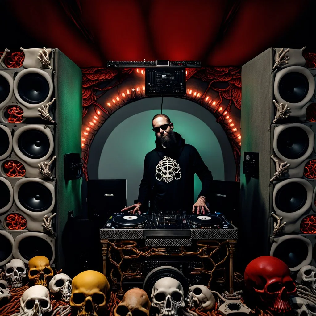 DJ of the damnded, insanely detailed DJ booth in hell, MID set, speakers and equipment made of bone, anatomically correct,