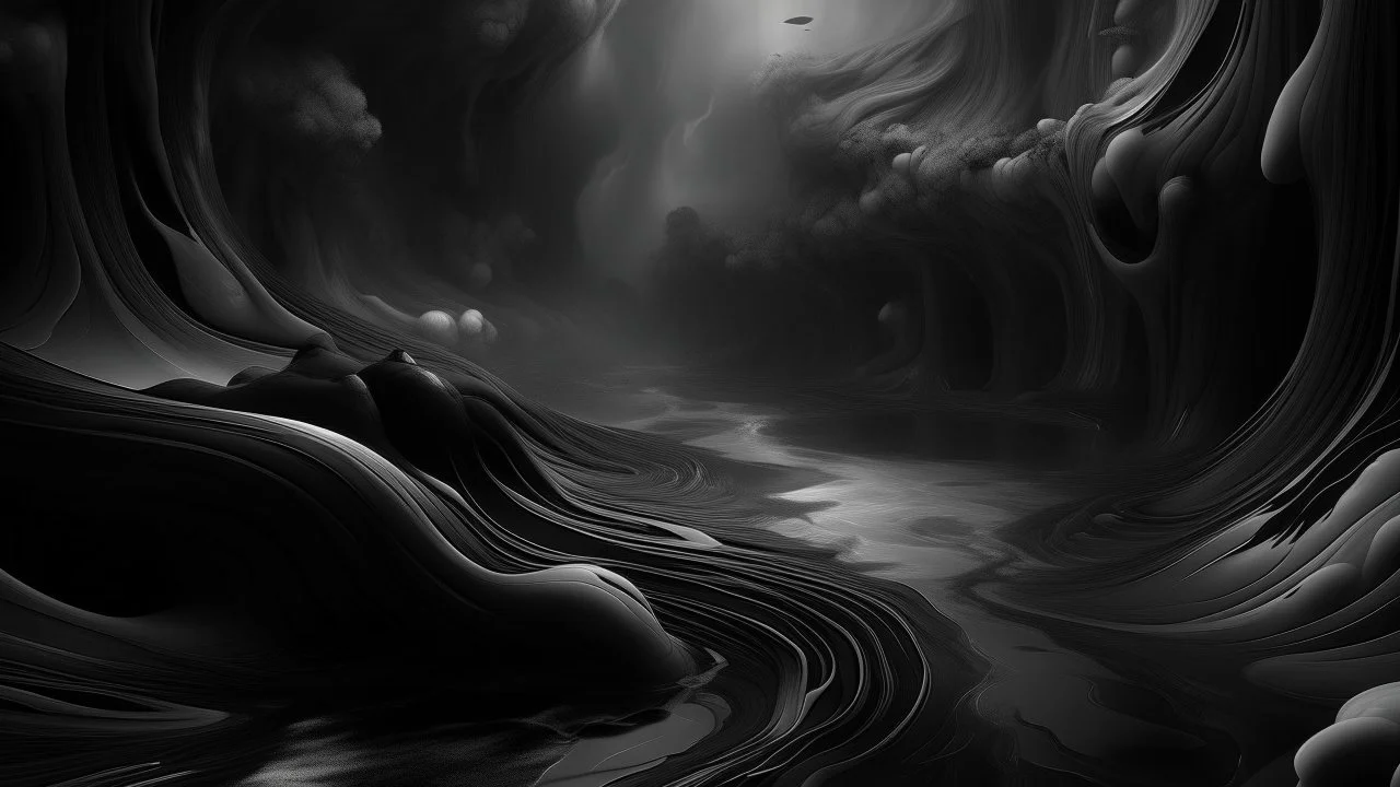 Hueco → Surrealismo → Mundo liminal → Obsidiana pulida → Lenguaje onírico → Materialidad reflectante → Composición de vacíos improbables → Niebla luminosa → Paleta negra y plateada → Atmósfera espectral.