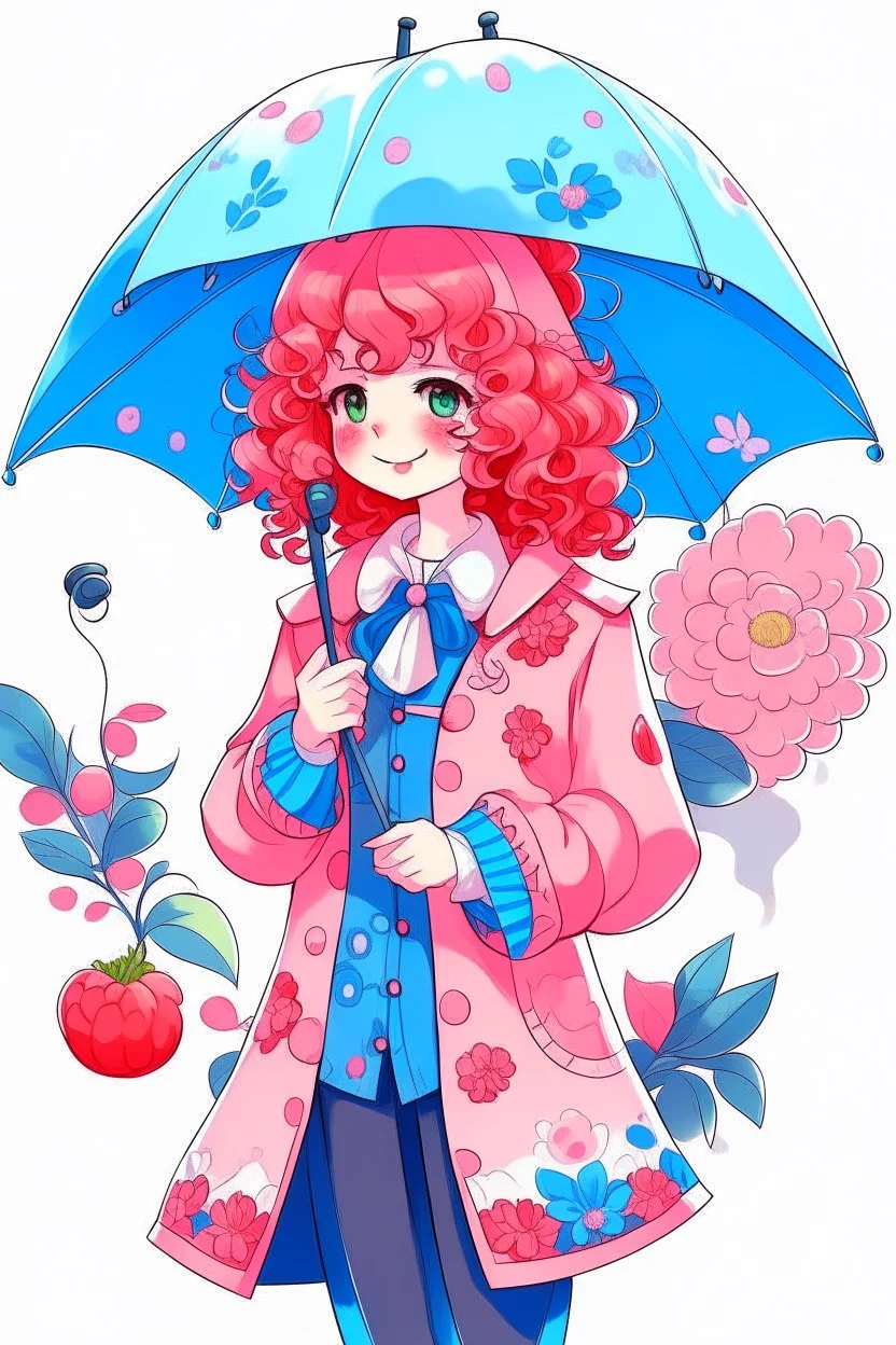 kind sailor, red curly hair, long jacket, pink-azure clothes, pink-azure cocked hat, white floral pattern on the jacket, flower in the hair. Pink and blue umbrella.