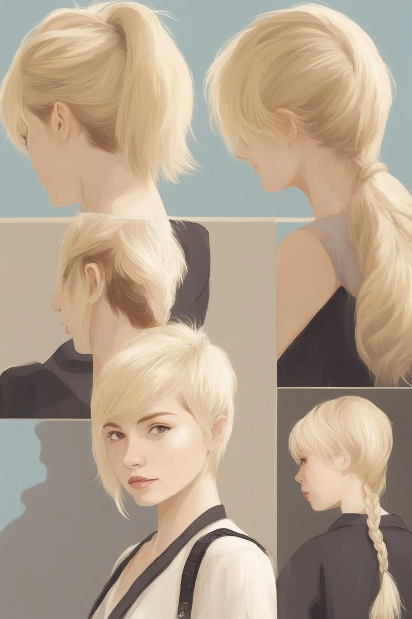 blond Pixie-Cut, Choppy Pixie Ponytail, Braided ponytail (Japanese:caucasian:american)