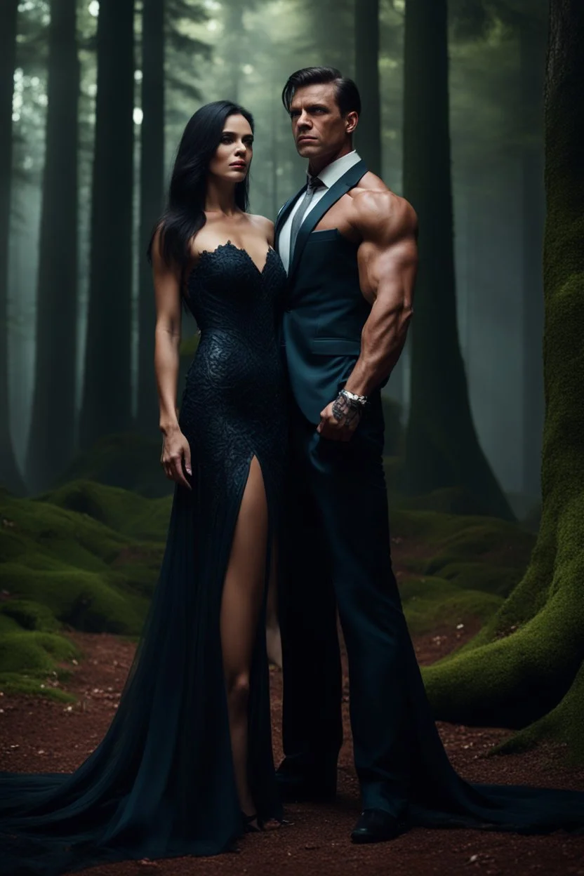 beautiful dark haired woman in a long dress standing next to a muscular male in a suit, Forest setting, dark fantasy, photorealistic. 4k