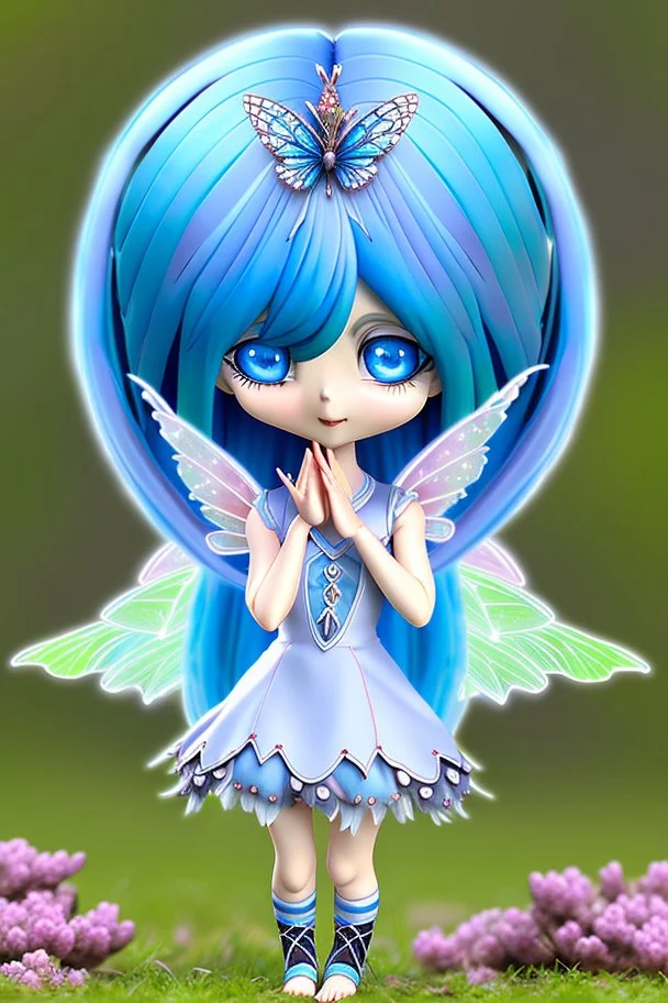 cute happy fairy girl with rounded blue eyes, big long silver hair, and with tiny black fluffy kitty sitting in her five fingers hands, chibi 3d anime character, detailed, fantasy style, nice picture in the big meadow with pale colors flowers