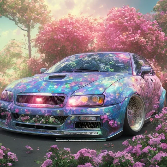 jdm car, dans un nuage de fleur, concept art, réaliste, synthwave, couleurs vibrante