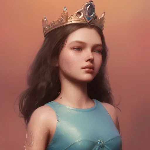 girl, cute, beautiful, water queen, crown on head, waves, close up portrait by Greg Rutkowski