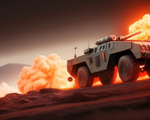 wide angle of Gi joe driving A lunar armored rover with tracks and claw and orange, troops, big Erupting volcanoS, White headlights