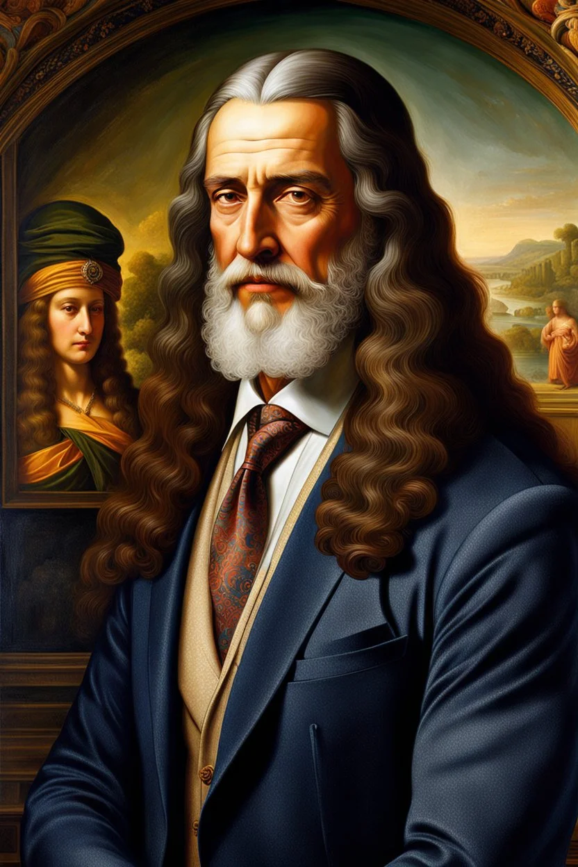 Hyperrealistic maximalist photography of Leonardo Da Vinci today, dressed in an elegant suit and ultra warm tie, incredible work of art