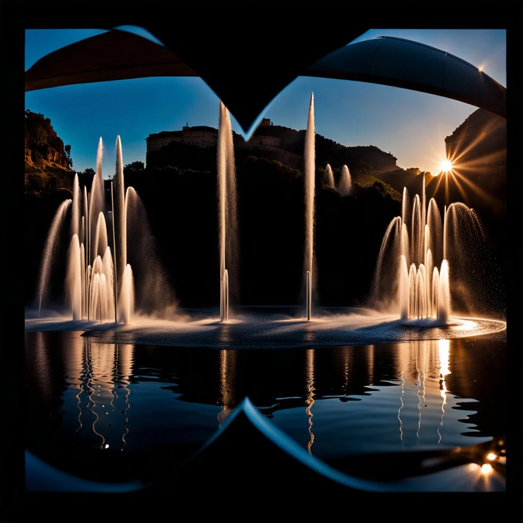 camera captures from above,Create a scene where 16 fountains in a small sea shoot water jets in the shape of a love symbol, creating beautiful splashes in the water.