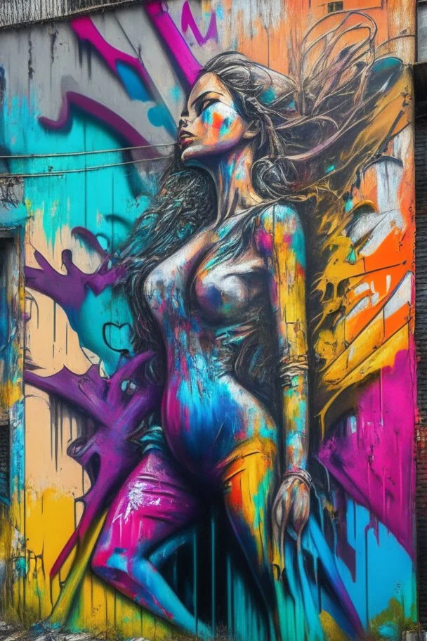 graffiti art on the back side of an abandoned building portraying a female super model posing confidently, 8k, highly detailed, centered, epic composition, graffiti art, splash art, street art, spray paint, oil gouache melting, acrylic, high contrast, colorful polychromatic, ultra detailed, ultra quality, CGSociety