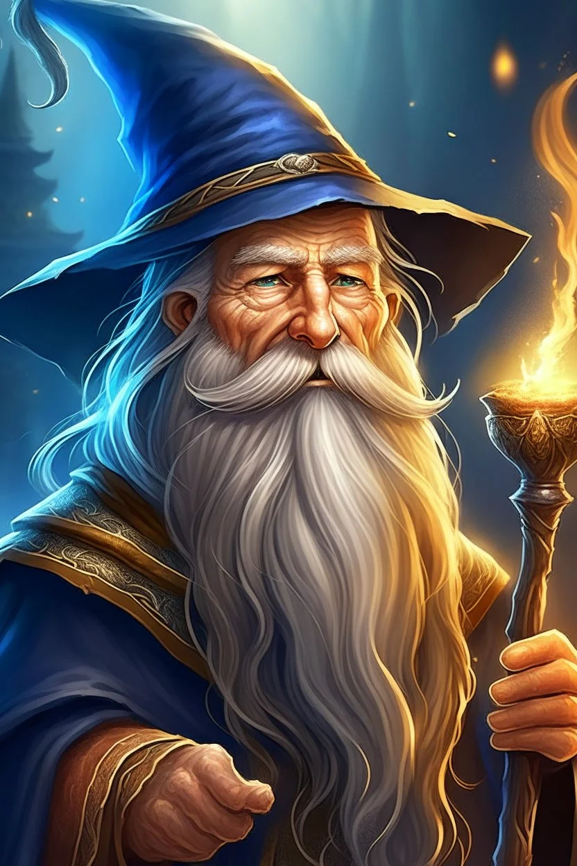 Wizard with majestic beard and pointy hat doing wizard stuff