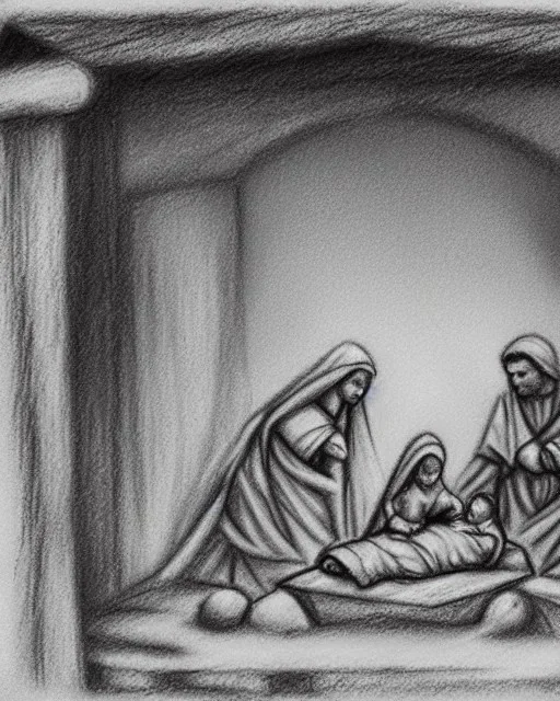 Nativity scene pencil and charcoal manger shading rubble Ukraine