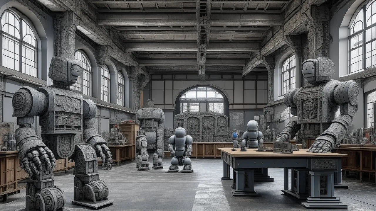A gray mechanical factory with robots designed in Maori sculptures painted by the Limbourg brothers