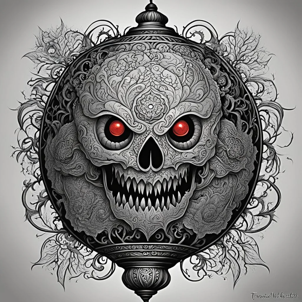 the tattooed killer lantern floats eerily, its lace exterior etched with intricate designs that seem to writhe and pulse with a life of their own. the ghastly sight of a pulsating brain visible within, suspended in a macabre display of terror. two round eyes in its center. The bloody brain, adorned with cryptic symbols and nightmarish, throbs with a sickening rhythm. Each convulsion sends flashy light tendrils through the lantern, casting clear cut shadows on the walls of the temple