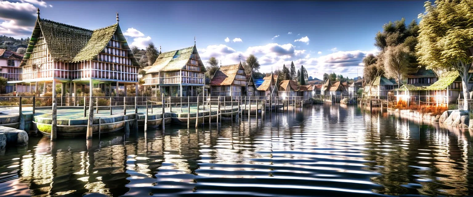 lake city during the iron age realistic, photorealistic, natural lighting, elegant HDR complex picture Octane hyper realistic cinematic reflections very detailed